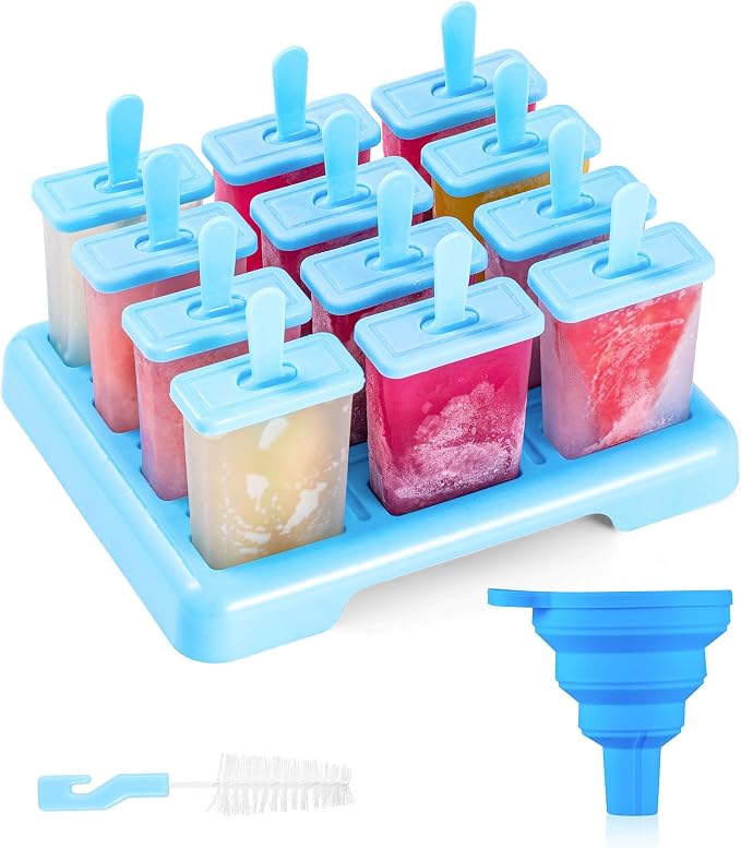 ANSMIO Popsicle Molds, 12 Reusable Ice Pop Molds with Stand, Collapsible Funnel and Cleaning Brush, BPA-Free Popsicle Maker for Homemade Fruit Pops, Yogurt Pops and Frozen Snacks