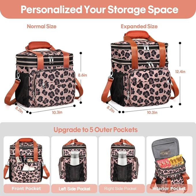 Expandable Lunch Box Cooler Bag - Insulated Soft Lunch Bag for Men Women - Large Lunchbox for Adults Work Camping Outdoor Travel Leopard 16L