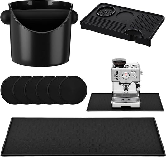 9 Pcs Espresso Knock Box Kit 23.6" x 15.8" Large Silicone Coffee Mat Espresso Tamping Mat with Coffee Station Organizer Removable Rod Coasters Under Machine Accessories Set for Home Barista