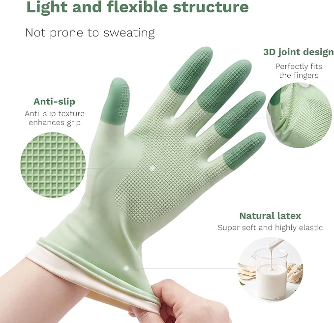 Natural Latex Cleaning Gloves, 3 Pairs | Reusable, Kitchen Gloves, Dishwashing, Household Cleaning