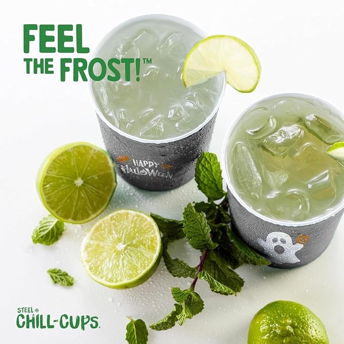 Steel Chill Cups 16 oz. Reusable Party Cups, Happy Halloween, 12 Count | Made in USA from Steel these durable cups chill fast & keep your drink cold for longer, 100% recyclable for sustainablity