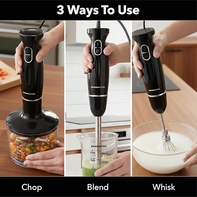 OVENTE Electric Hand Blender Set with 2 Mixing Speeds, 300W Black HS565B | Corded Immersion Handheld Stick Mixer with Stainless Steel Blades, Egg Whisk, Beaker & BPA-Free Food Chopper
