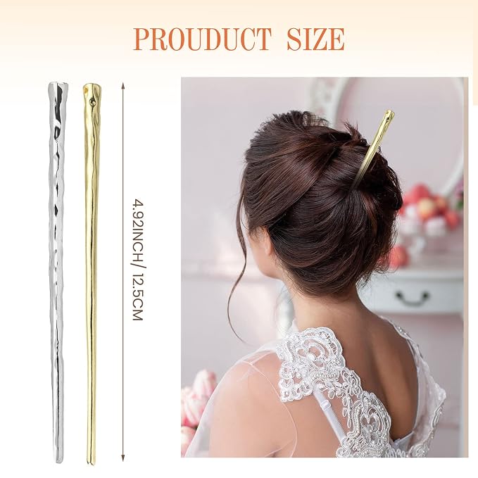 4pcs Metal Hair Chopsticks, Gold and Silver Bun Hair Sticks | Alloy Hair Pick, 4.9inch, Hair Charms for Girl Women
