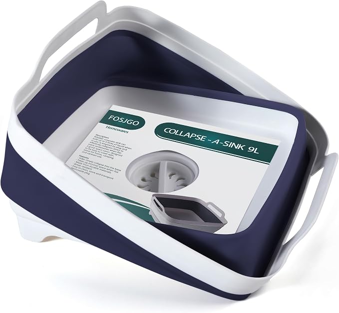 FOSJGO Collapsible Dish Basin with Drain Plug, Foldable Sink, 2.4 Gal (9L) | Space-Saving Wash Basin for Kitchen, Baby Bottles, Vegetable Washing, Camping, RV and Party Beverage Tubs