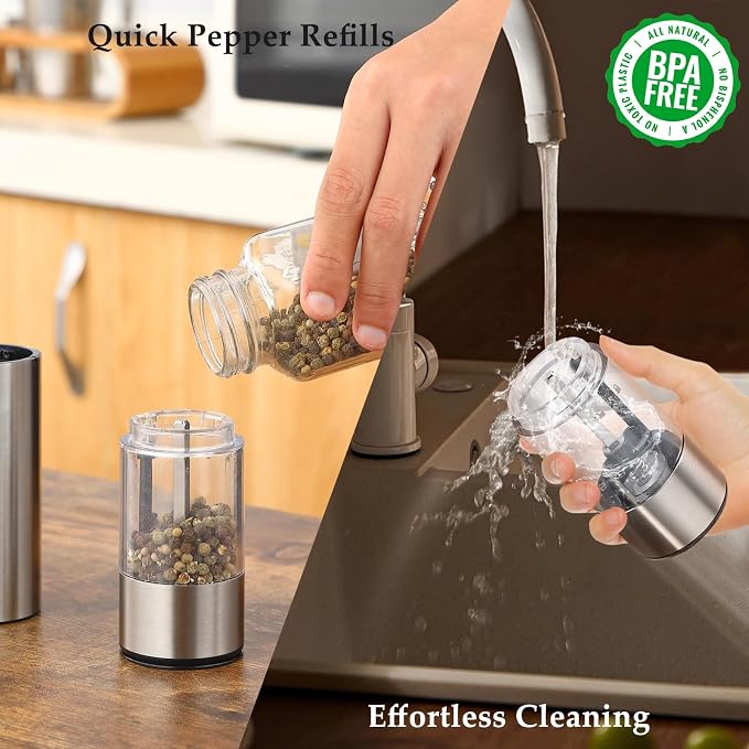 Electric Salt and Pepper Grinder Set, USB Rechargeable, Stainless Steel Automatic Salt and Pepper Mill Grinder with Adjustable Coarseness, Electric Salt Shakers, LED Light, Refillable (2 Packs)