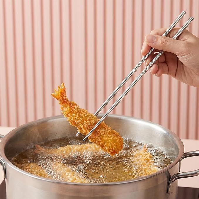 2Pcs Extra Long Cooking Chopstick 15.3" Metal Cooking Chopsticks | 304 Stainless Steel, Deep Frying, Non-Slip Thread, Reusable for Hot Pot and Noodle, Dishwasher Safe