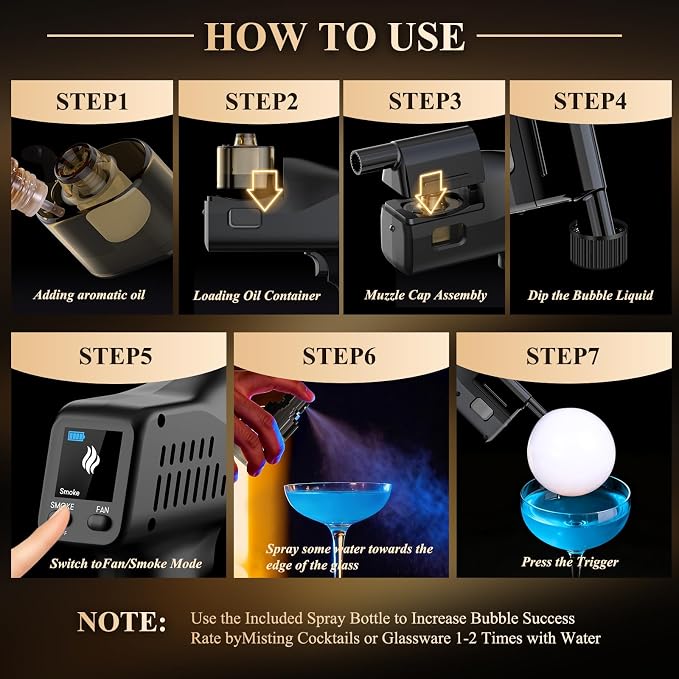 Electric Cocktail & Food Smoker Gun | Create Smoke & Edible Bubbles, 4 Aroma Oils, Color Screen, One-Touch Operation, Ideal Bartender Kit & Unique Gift for Men