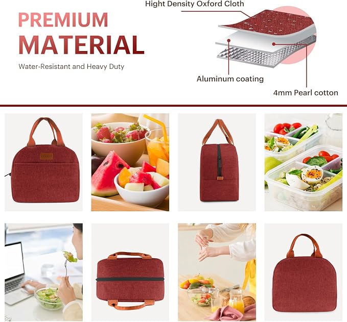 Lunch Bag for Women & Men Adult Insulated Lunch Box, Small Leakproof Cooler Food Lunch Containers Reusable High Capacity Lunch Tote Bags for Work, Travel, Outdoor - Wine Red