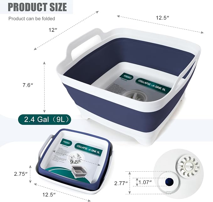 FOSJGO Collapsible Dish Basin with Drain Plug, Foldable Sink, 2.4 Gal (9L) | Space-Saving Wash Basin for Kitchen, Baby Bottles, Vegetable Washing, Camping, RV and Party Beverage Tubs
