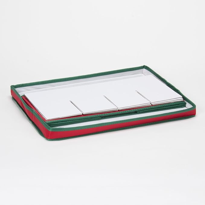 Household Essentials Holiday Wine Glass Storage Box in Strong Frame, Handles, Windowed Panel and 12 Compartments, Red with Green Trim