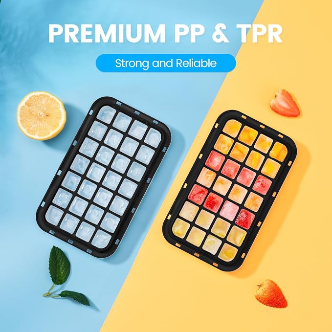 0.8“ Ice Cube Tray with Lid and Bin, PHINOX 28 Cubes Ice Trays for Freezer, Ice Cube Trays for Freezer with 1 tray, Container, Lid & Ice Scoop, BPA Free, Black(28Cubes/Tier)