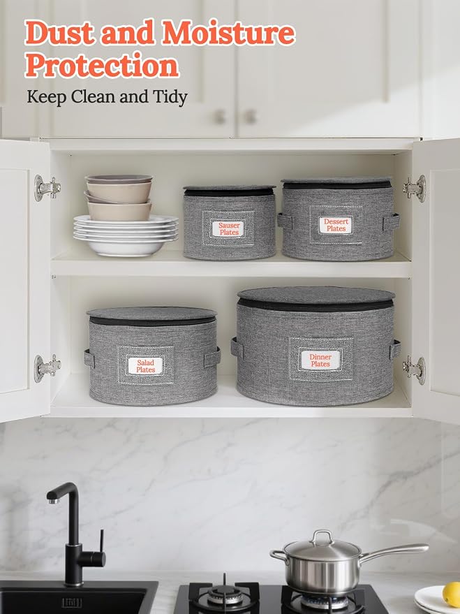 Cirhy Hard Shell China Storage Containers 4-Piece Set - Reinforced Hard-Sided Moving Boxes for Dinner Plates, Bowls & Saucers - Stackable Dish Packing Protectors with 48 Felt Dividers