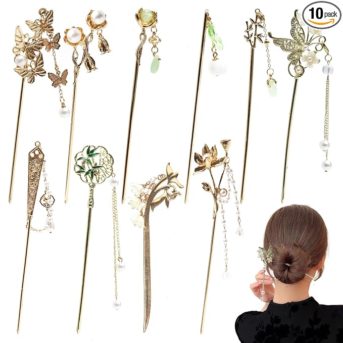 10Pcs Gold Vintage Hair Sticks Pins Metal Long Hairpins with Butterfly Flower Pearls Beads Jade Tassel Pendant Asian Chinese Hanfu Hair Chopsticks Hair Bun Updo Holders Hair Accessories for Women