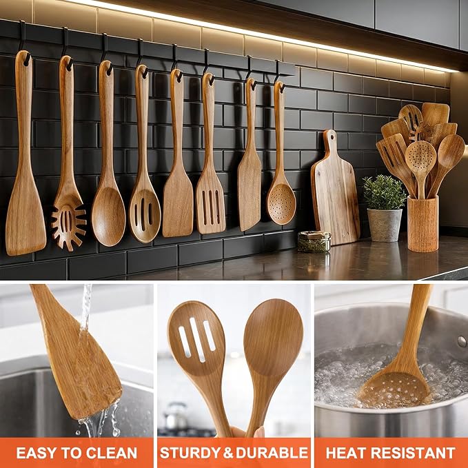 9 Pcs Wooden Kitchen Utensils Set with Holder Cooking Spoons Wood Spatula | Acacia Wood Spoons for Cooking Utensils Teak Flat Spatula Spurtles Large Mixing Serving Spaghetti Spoon Slotted Turner