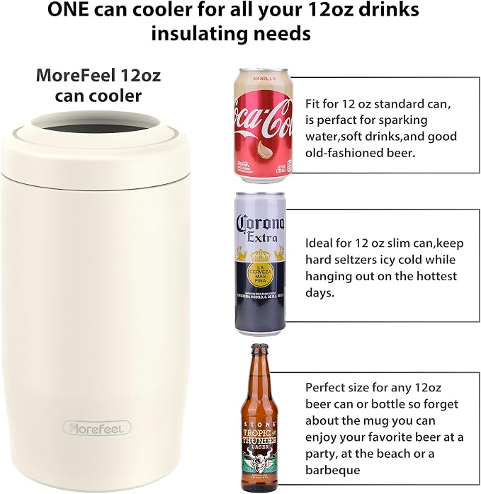 Morefeel 4-in-1 Insulated Can Cooler for 12 oz Cans & Bottles | 304 Stainless Steel Can Holder Fits 12 Oz Slim Cans, Standard Cans, Beer Bottles & Works as A Open Cup; Dishwasher Safe