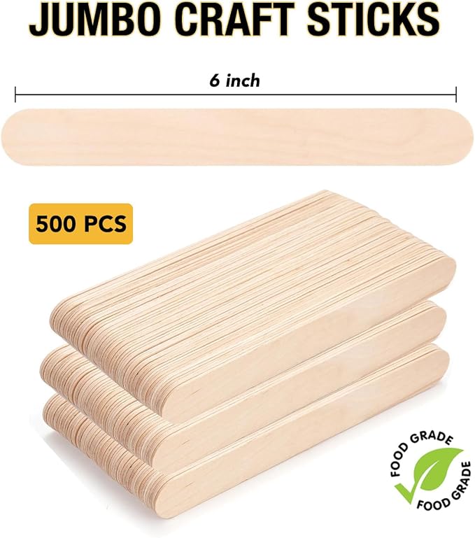 Apremont 500 Piece Large Jumbo Wooden Craft Sticks (6" x 3/4"), Premium Natural Organic Wood for Waxing, Craft Project, Tongue Depressor, Popsicle, Ice Cream Stick,Woodcraft, Paint Stirrer and Art