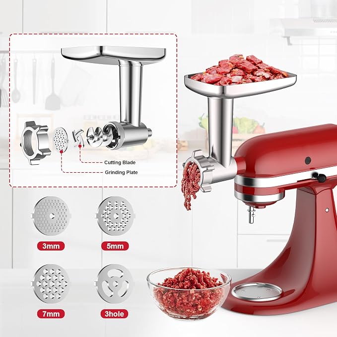 Meat Grinder & Stainless Steel Slicer Shredder Attachment for KitchenAid | Includes Metal Food Grinder Attachment with Sausage Stuffer Tubes and Salad Machine Accessory by InnoMoon