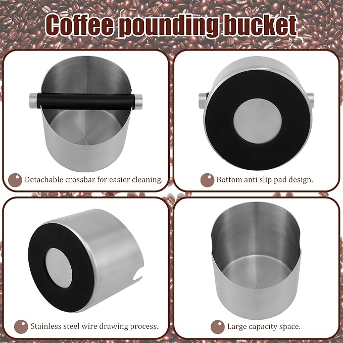 4.3Inch Coffee Knock Box, Stainless Steel Espresso Knock Box,Non Slip Beveled Coffee Ground Bin Large Espresso Dump Bin with Removable Knock Bar
