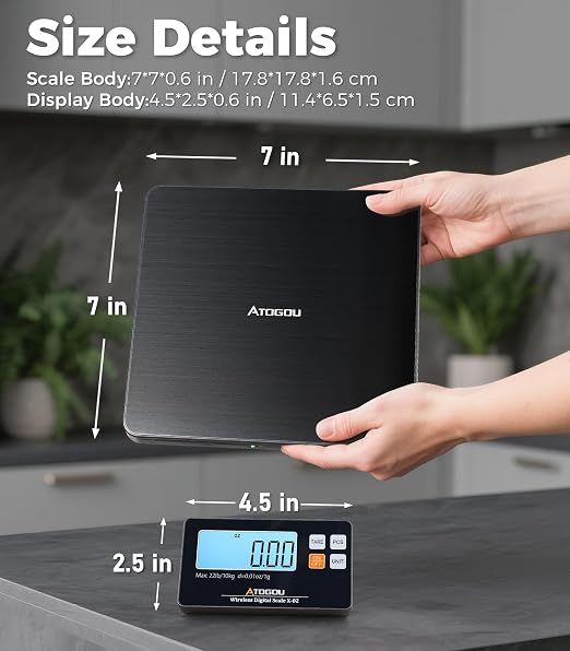 Atogou Wireless Kitchen Scale, 22lb/10kg Food Scale with Detachable Display & Larger Platform, 0.01oz/1g, 9 Units, Counting Function, Stainless Steel, for Cooking, Baking, Shipping, Black