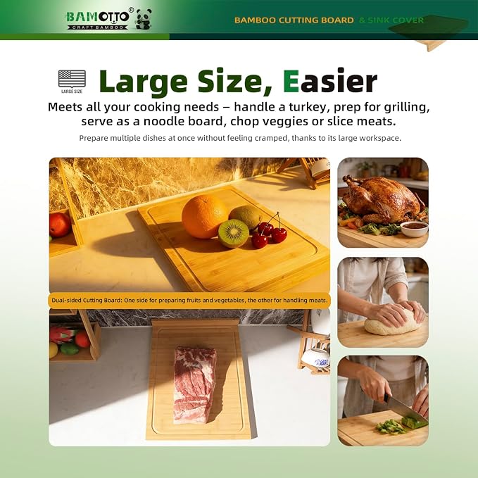 BAMOTTO CRAFTBAMBOO 15.8x22 Inch Large Bamboo Cutting Board Sink Cover | Non-Slip Detachable Lip | Reversible with Juice Groove | Kitchen Countertop Board Noodle Board | Stovetop Cover