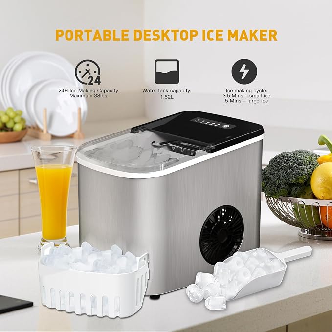 38lbs Per Day Countertop Ice Maker, 9 Ice Cubes in 3.5 Minutes, Self-Cleaning Portable Ice Machine with 2 Bullet Sizes for Kitchen, Camping, RV, and Party