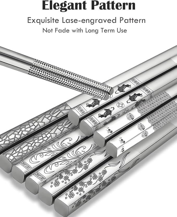 Metal Chopsticks,SUS304 Stainless Steel,5 Pairs Gift set,Mixed Pattern | Reusable, Dishwasher Safe,Non-Slip Grip,Good for Beginners,Come in a Gift Box,SUS304 Resistant to Rust,Square,Silver,9.25''