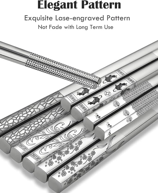 Metal Chopsticks,SUS304 Stainless Steel,5 Pairs Gift set,Mixed Pattern | Reusable, Dishwasher Safe,Non-Slip Grip,Good for Beginners,Come in a Gift Box,SUS304 Resistant to Rust,Square,Silver,9.25''
