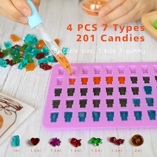 HKNMTT Gummy Bear Molds Silicone with Storage Box, Non-stick Chocolate candy Gummy Mold for Kid with 2 Droppers and Clean Brush Including Mini Dinosaur, Bear, Hearts and Mini Donut Shape 201 Cavities