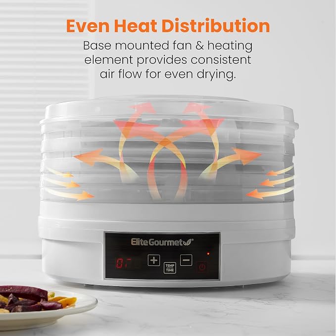 Elite Gourmet EFD770WD Digital Food Dehydrator, 5x12.5" Trays, 48-Hr, White | BPA-free trays - adjustable temp 95-158F - makes jerky, herbs, fruit, veggies & dried snacks - also great for meat