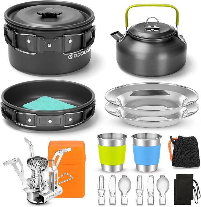 Odoland 16pcs Camping Cookware Mess Kit, with Folding Camping Stove | Anodized Aluminum, for Hiking, Outdoor Cooking and Picnic, 1.9L Pot 0.8L Kettle 0.86L Pan 3000W Stove, Little Compact Pot Set