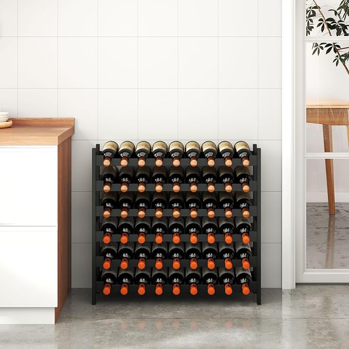 Bamboo Large Wine Rack, 6-Tier Freestanding Floor Bottle Storage Holder | 54-Bottle Storage | Wooden Wine Storage Organizer Shelves for Kitchen Bar, Cellar, & Dining Room | Black | Anti-Tip Kit