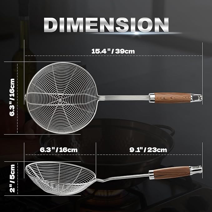 IQCWOOD Spider Strainer Skimmer Spoon Stainless Steel, 6.3" | Stainless Steel Fryer Scoop for Deep Frying, Pasta and Vegetable, Kitchen Utensil Wire Strainer Ladle Dishwasher Safe