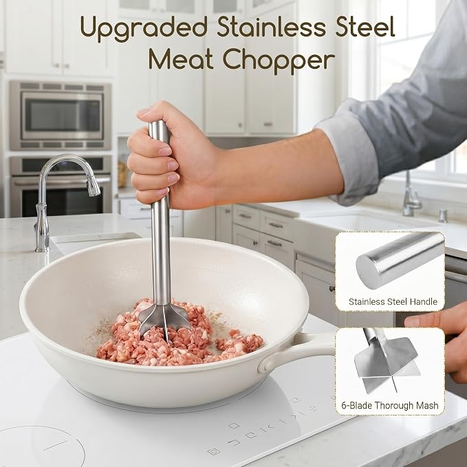 Meat Masher Stainless Steel, Heavy Duty Ground Beef Masher, 6-Blademeat Meat Chopper Potato Masher Hamburger Smasher, Dishwasher Safe (L, Stainless Steel)