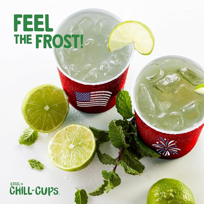 Steel Chill Cups 16 oz. Reusable Party Cups, Patriotic Red, 12 Count | Made in USA from Steel these durable cups chill fast & keep your drink cold for longer, 100% recyclable for sustainablity