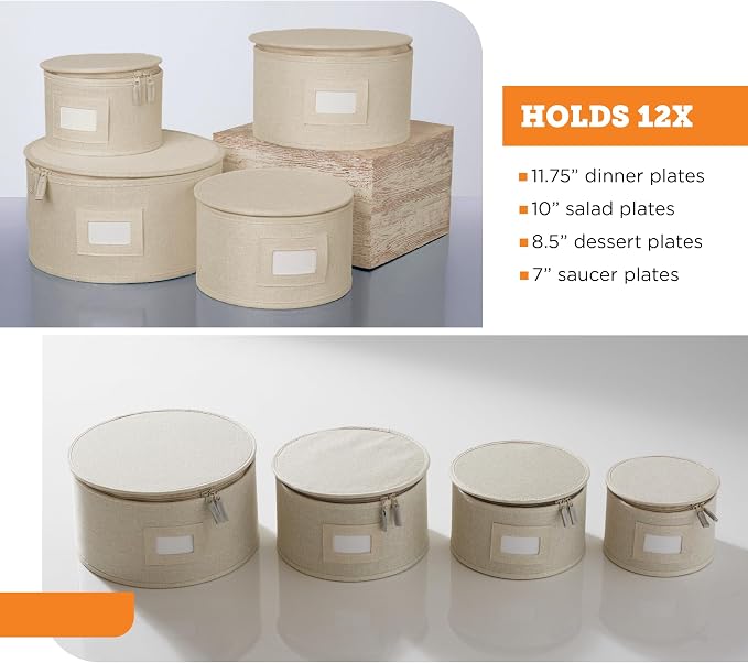 storageLAB 4-Piece China Plate Storage Set | Hard Shell Dividers | Cream | 4 hard shell plate cases - dinner, salad, dessert & saucer, 12 plates each. Felt dividers, stackable. Cream finish.
