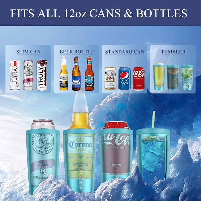 Pealeap 4-in-1 Insulated Slim Can Cooler for All 12oz Cans & Beer Bottles | Double-walled Stainless Steel Vacuum Can Cozy | Keep 8Hrs Cold | Universal Fits 12oz Drinks | No Sweat | Cup Holder Friendly