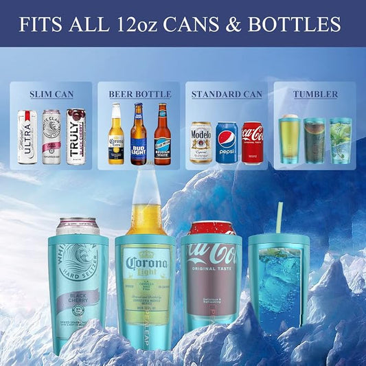 Pealeap 4-in-1 Insulated Slim Can Cooler for All 12oz Cans & Beer Bottles | Double-walled Stainless Steel Vacuum Can Cozy | Keep 8Hrs Cold | Universal Fits 12oz Drinks | No Sweat | Cup Holder Friendly