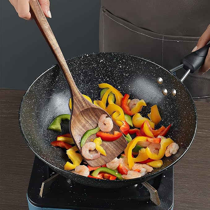 Wooden Spatula,15.3 Inch Flat Wood Wok Spatula,Wood Kitchen Utensils for Cooking,Long Handle Turner Coated Natural Resin, Handmade Kitchenware for Nonstick Pan Cookware