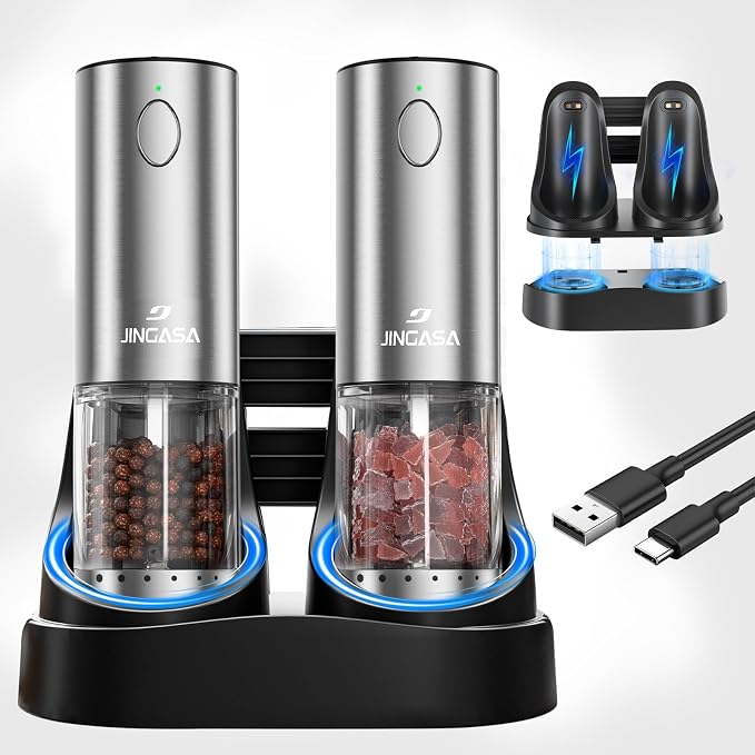 Electric Salt and Pepper Grinder Set, Automatic Pepper Mill Grinder w/Upgraded Charge Base and LED Light,Adjustable Coarseness (Upgraded version of transfer)