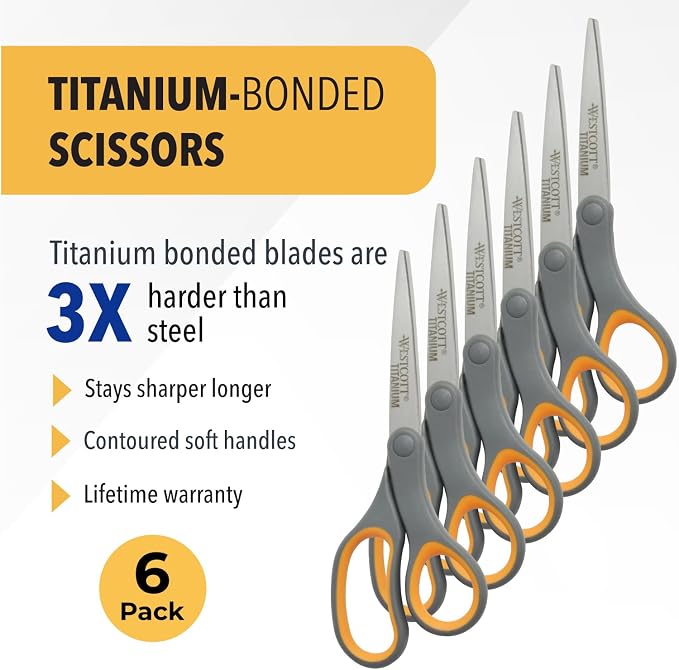 Westcott Titanium Bonded Scissors, Soft Handle, 8", Straight, Gray/Yellow, 6-Pack