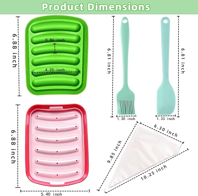 2 Pcs Silicone Sausage Mold with a Set of Silicone Brush Spatula and 25x Pastry Bags,Non-Stick Hot Dog Bun Pan,DIY Handmade Ham Sausage,Hot Dogs Baking Mold for Children's Food with Lid(Red,Green)