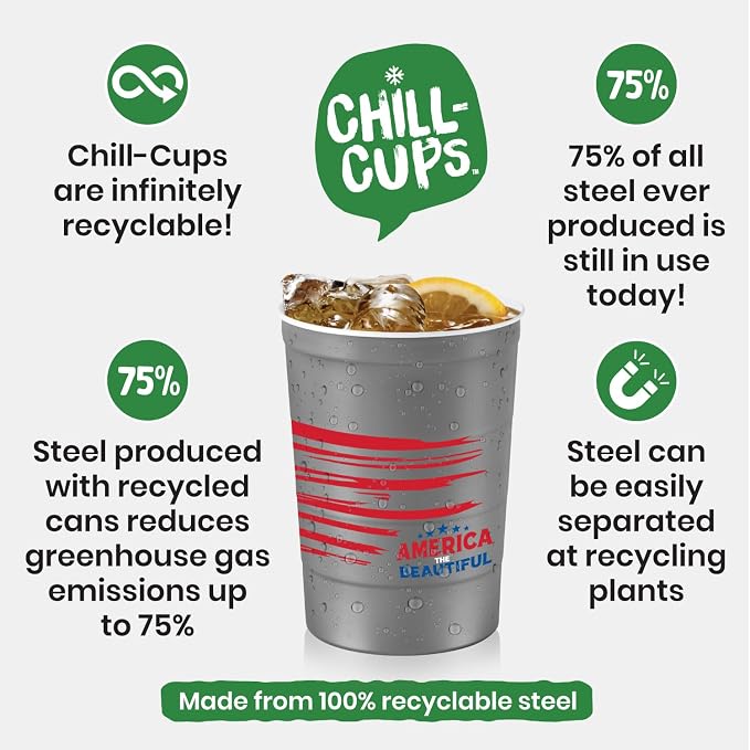 Steel Chill Cups 16 oz. Reusable Party Cups America the Beautiful, 12 Count | Made in USA from Steel these durable cups chill fast & keep your drink cold for longer, 100% recyclable for sustainablity