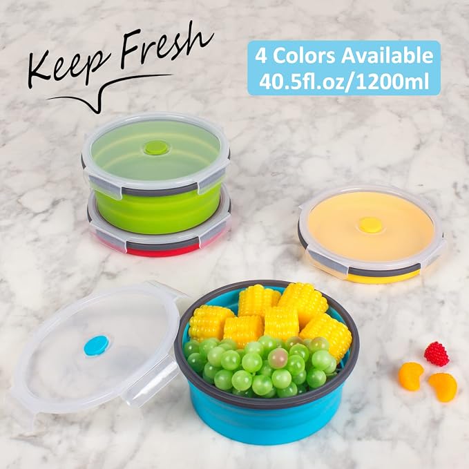Collapsible Food Storage Containers with Airtight Lid, 40.5 oz, Kitchen Stacking Silicone Collapsible Meal Prep Container Set for Leftover, Microwave Freezer Dishwasher Safe, 4 Colors Round, Set of 4