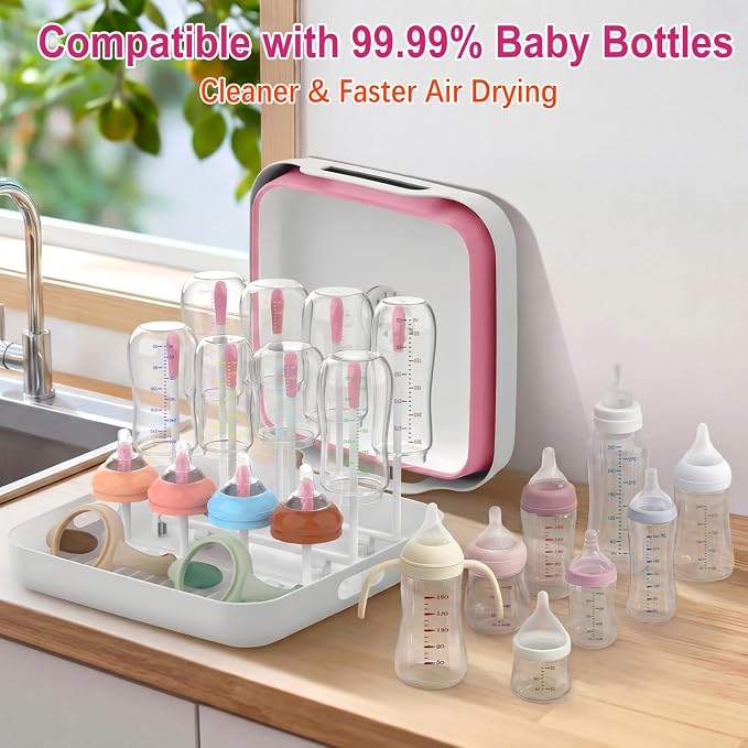 Yecuip Collapsible Baby Bottle Wash Basin w/Drying Rack & Drain Plug, Pink | 2.4 Gallon Foldable Dish Tub w/Handles,Portable RV Camping Sink & Space-Saving Wash Bin with Lid for Kitchen,Travel & Outdoor