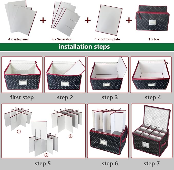Christmas Stemware Storage Cases with Dividers- Holds 24 Wine Glass Storage or Crystal Glassware Containers, China Storage Containers with 2 Handles and Lable Window -Set of 2 Black