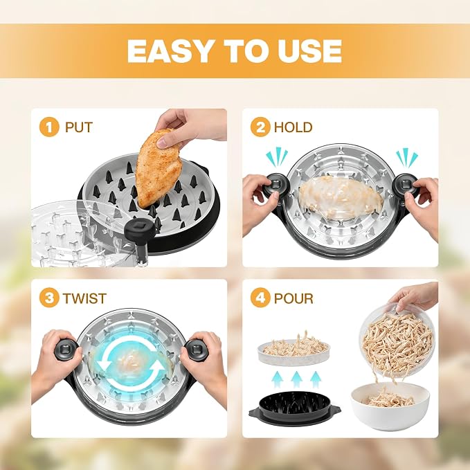 Cleangor Chicken Shredder Tool Twist, Visible Chicken Breast Shredder Tool | Meat Shredder with Removable Tray, Ergonomic Handle, Non-Slip Base Food Shredder Tool for Chicken, Pork, Beef, Fish