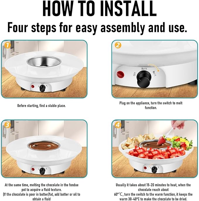 Dpofirs Chocolate Fondue Pot Set Electric Melting Machine, 3 Sections Tray, Cheese Warmer for Couple Family & Date Night Idea House Warming Holidays Essentials (US)