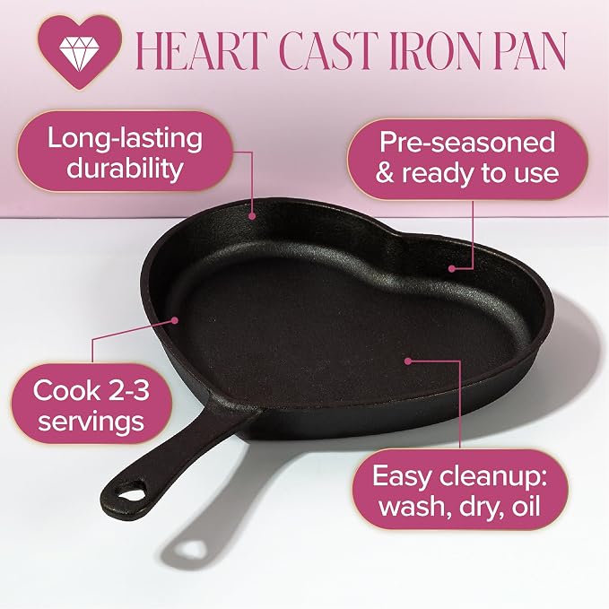 Paris Hilton Pre-Seasoned Cast Iron Heart Skillet Pan, Heavy-Duty Frying Pan for Cooking, Baking & Searing, Oven Safe, Stovetop Compatible, 10-Inch