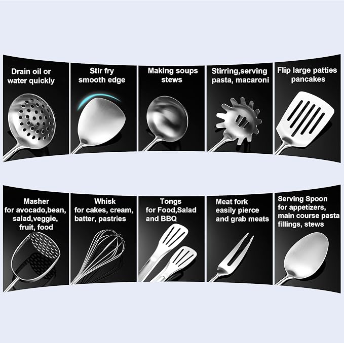 Stainless Steel Kitchen Utensils 12 Pcs, Small Cooking Utensils Set | Dishwasher safe; 304-Healthy; One piece-sturdy; Fits for person new to cooking; Perfect for a B&B or rental or camper