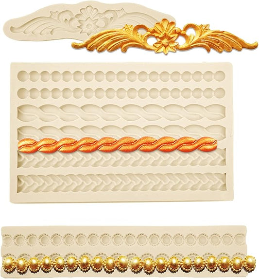 Pearl Fondant Molds, 3 Pack Silicone Pie Decoration Crust Mould, for Cake, Chocolate, Cupcake, Knit Rope, Game Pie, SugarCraft, Clay